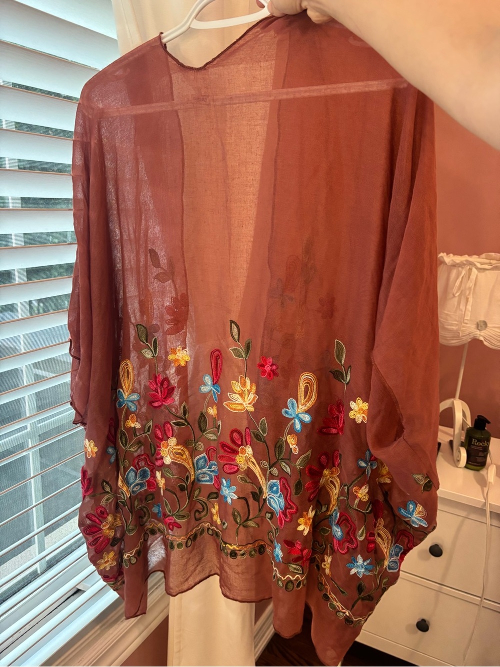 Embroidered Rust Sheer Floral Kimono Robe - Picture 2 of 6